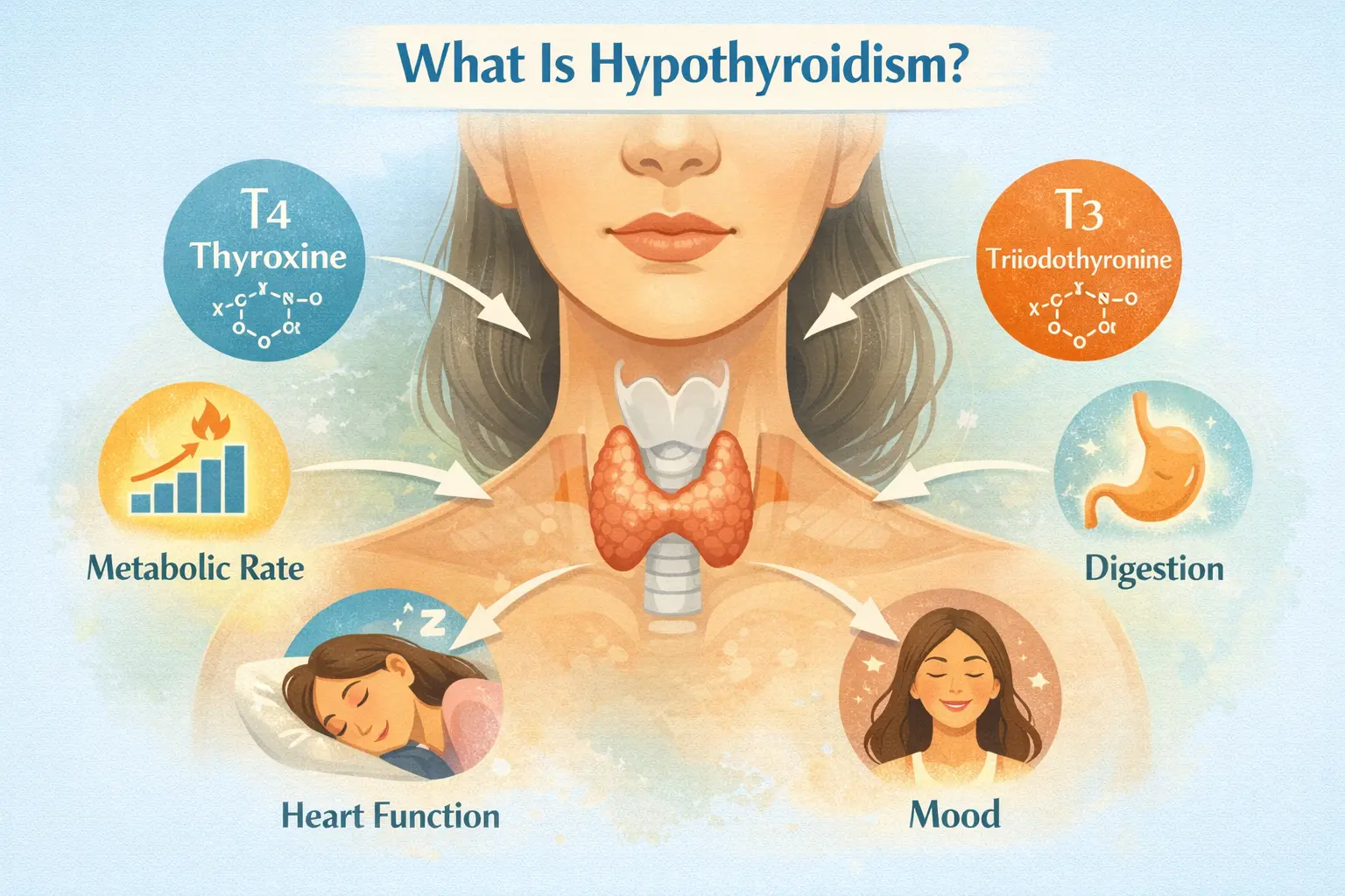 Illustration showing the thyroid gland at the base of the neck and its hormones T3 and T4 regulating metabolism and energy